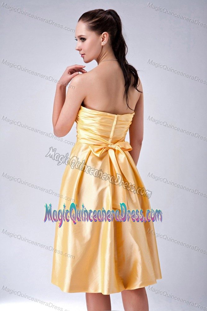 Special Gold Strapless Tea-length Quince Dama Dress with Bowknot in Boise