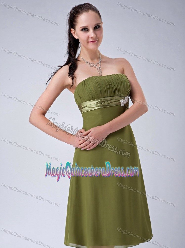 Olive Green Ruched Strapless Knee-length Dama Dresses with Belt in Boise