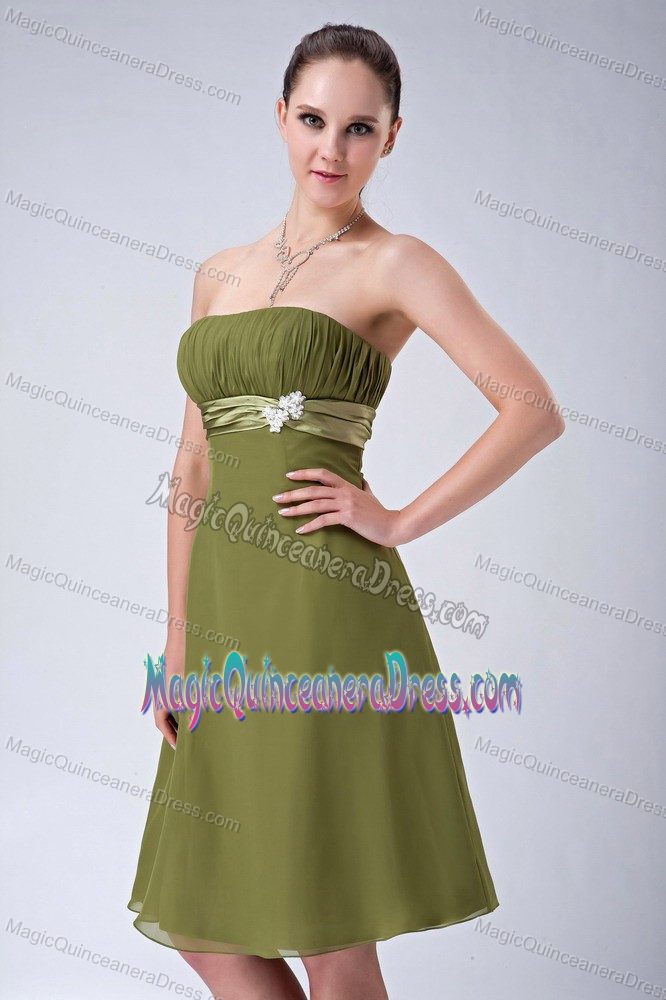 Olive Green Ruched Strapless Knee-length Dama Dresses with Belt in Boise
