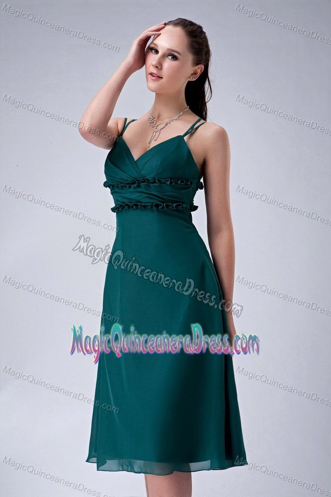 Modest Dark Green Tea-length Prom Dress For Dama with Spaghetti Straps
