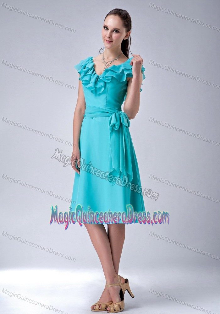 Popular Turquoise Ruffled V-neck Tea-length Dresses For Damas with Sash