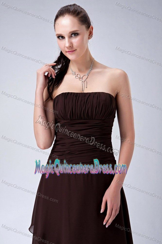 Elegant Brown Ruched Strapless High-low Quince Damas Dress in Burlington