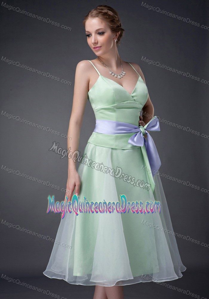 Cute Apple Green Tea-length Dama Dress with Straps and Bowknot in Erie