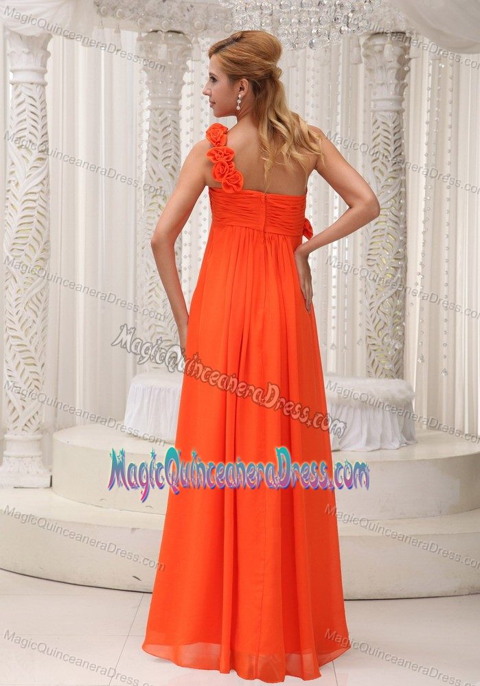 Orange Red Empire Asymmetrical-Shoulder Ruched Dama Dress with Flowers in forfar
