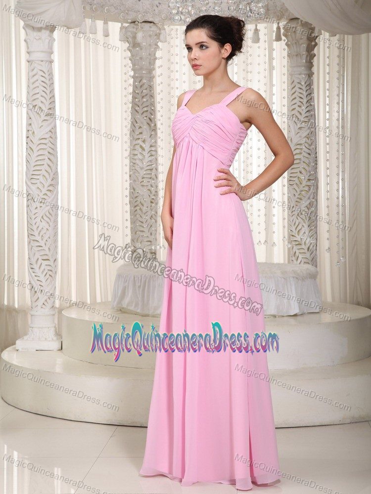 Baby Pink Empire Straps Floor-Length Ruched Dama Dress in Glendoick