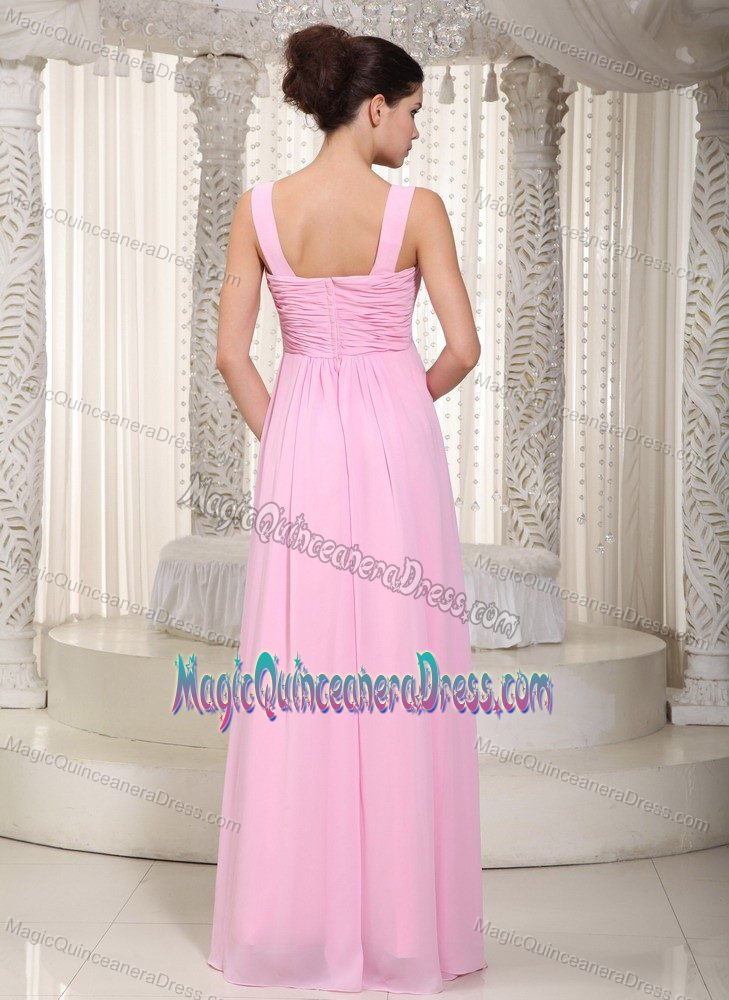 Baby Pink Empire Straps Floor-Length Ruched Dama Dress in Glendoick