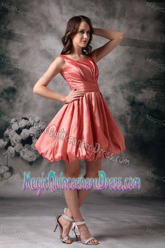 A-Line Mini-Length Coral Scoop Lace-up Dama Dress with Ruching in Evanton