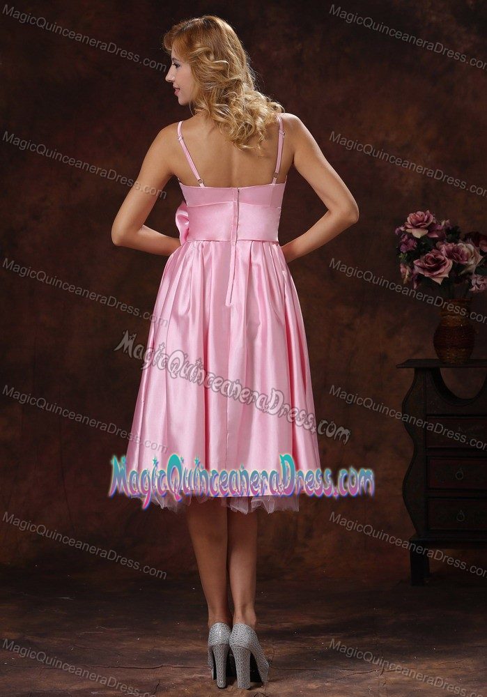 Tea-length Spaghetti Straps Baby Pink Damas Dresses for Quince with Bowknot