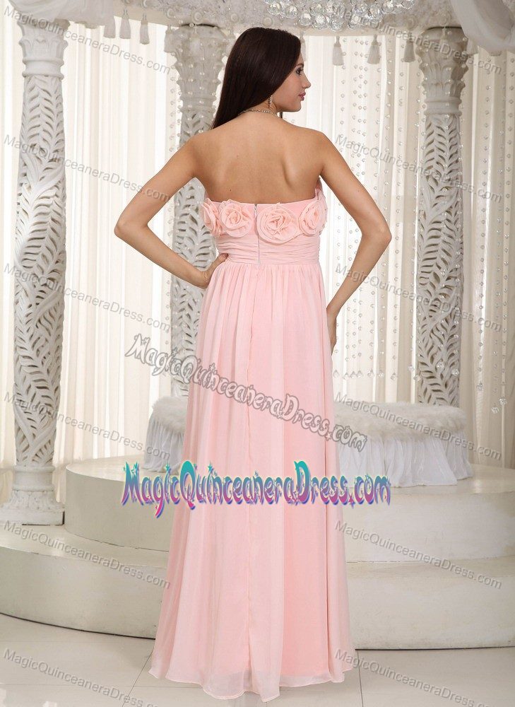 Strapless Baby Pink Long Chiffon Dresses for Damas with Flowers on Bodice