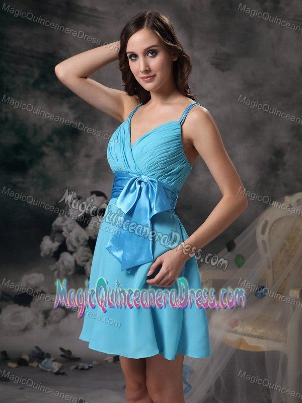 Straps Ruched Aqua Blue Short Chiffon Quinceanera Dama Dress on Sale