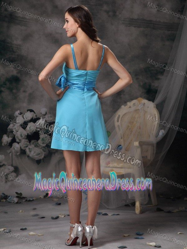Straps Ruched Aqua Blue Short Chiffon Quinceanera Dama Dress on Sale