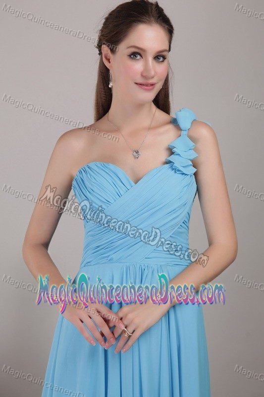 Baby Blue One Shoulder Floor-length Chiffon Ruched Damas Dresses For Quince