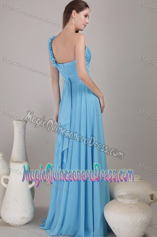 Baby Blue One Shoulder Floor-length Chiffon Ruched Damas Dresses For Quince