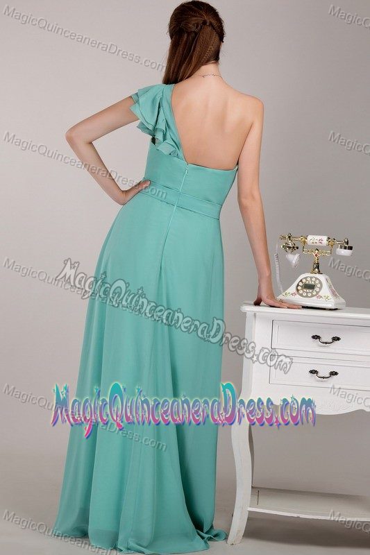 Turquoise One Shoulder Floor-length Chiffon Ruched Prom Dresses For Dama