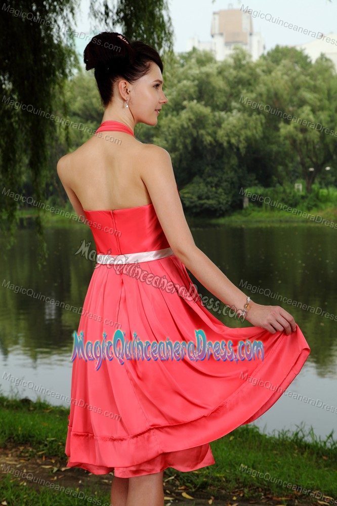 Coral Red Halter Ruched Party Dama Dresses with Ivory Sash in Universal City