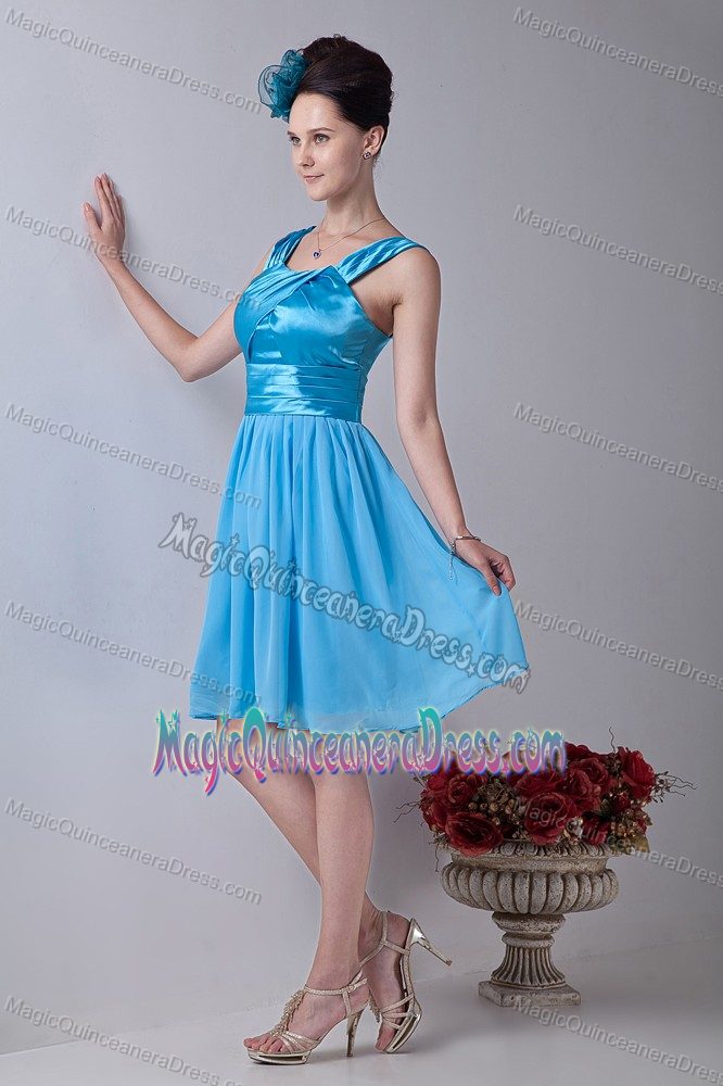 Gorgeous Aqua Blue Straps Ruched Knee-Length Party Dama Dresses in Vista
