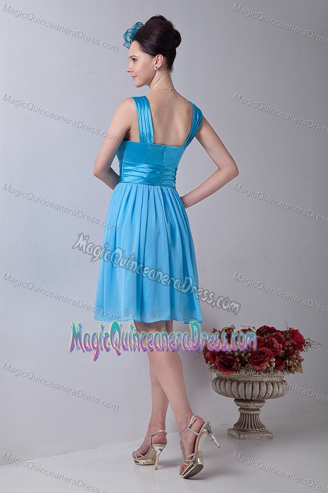 Gorgeous Aqua Blue Straps Ruched Knee-Length Party Dama Dresses in Vista
