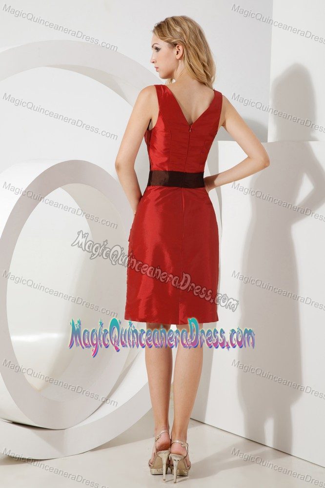 Red V-neck Mini-length Taffeta Dresses For Damas with Sash in Kirkland