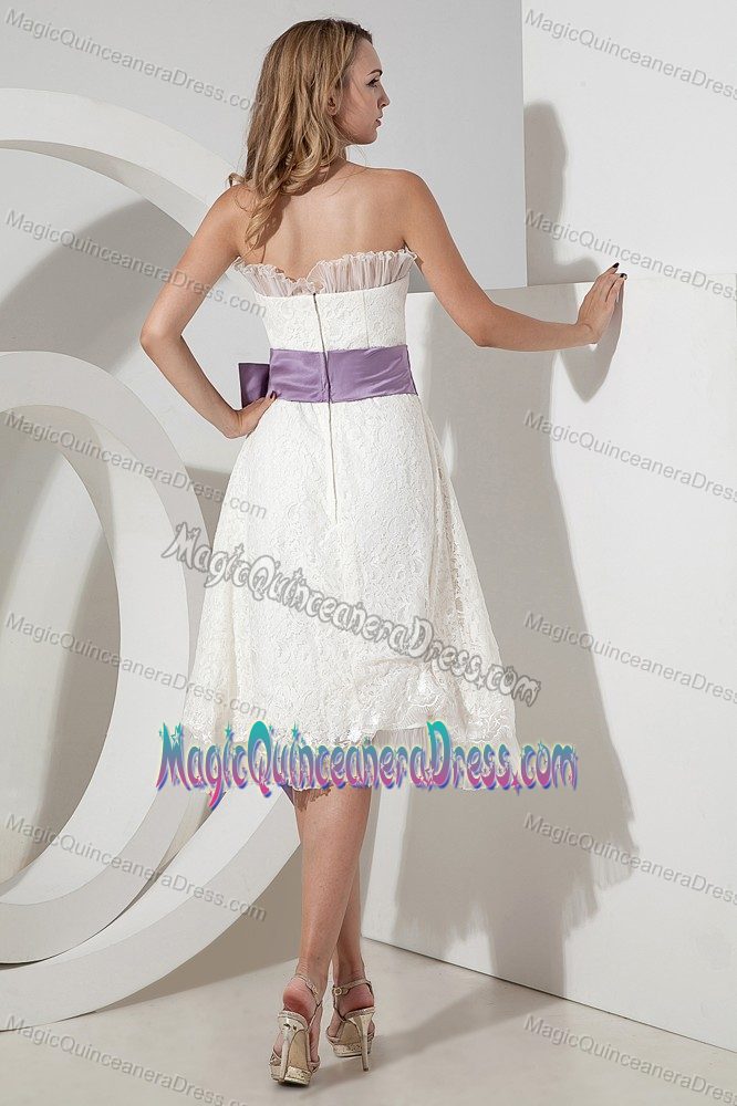 Elegant Strapless Tea-length Lace Dama Dresses with Bow in Port Townsend