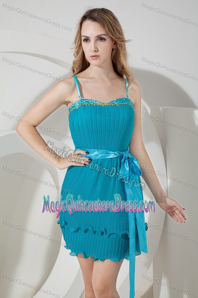 Teal Beaded Mini-length Organza Quince Dama Dresses with Spaghetti Straps Bow
