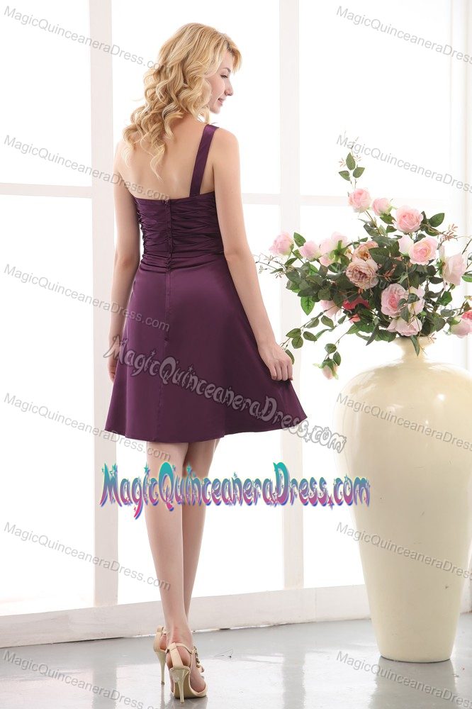 One Shoulder Mini-length Taffeta Dama Dress Under 100 with Ruches in Purple