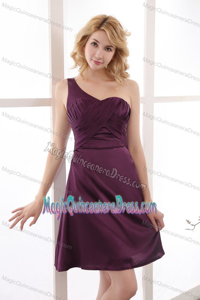 One Shoulder Mini-length Taffeta Dama Dress Under 100 with Ruches in Purple