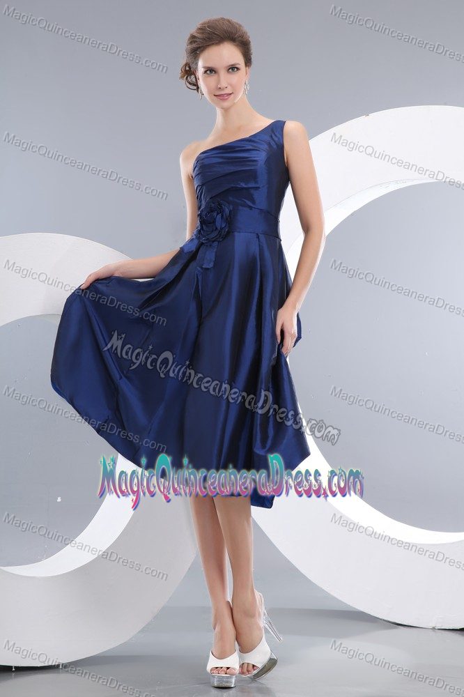 Navy Blue One Shoulder Knee-length Dresses For Damas with Hand Flowers in Issaquah
