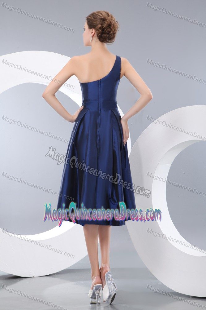 Navy Blue One Shoulder Knee-length Dresses For Damas with Hand Flowers in Issaquah