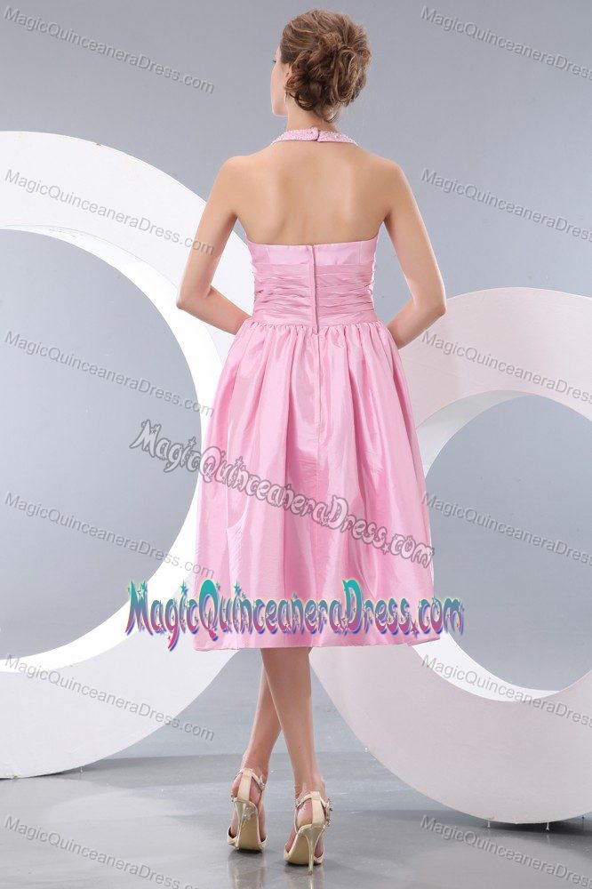 Pink Halter Tea-length Taffeta Dresses For Damas with Beading and Bowknot