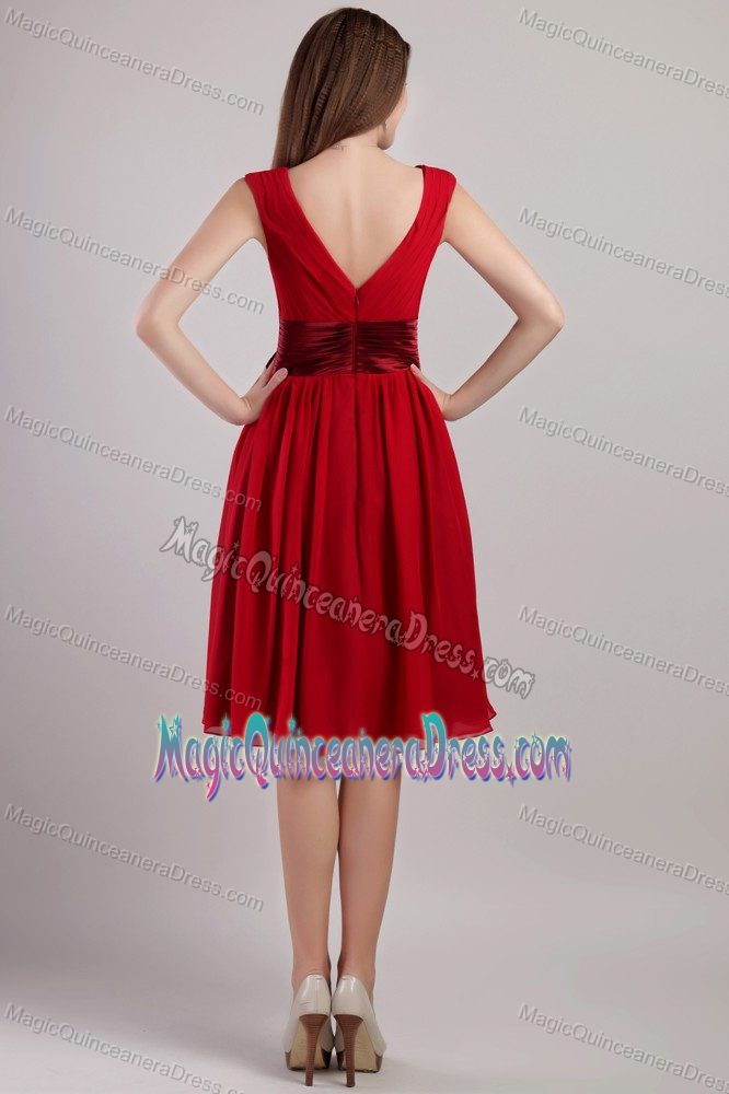 Wine Red V-neck Knee-length Chiffon Dresses For Damas with Sash in Everett