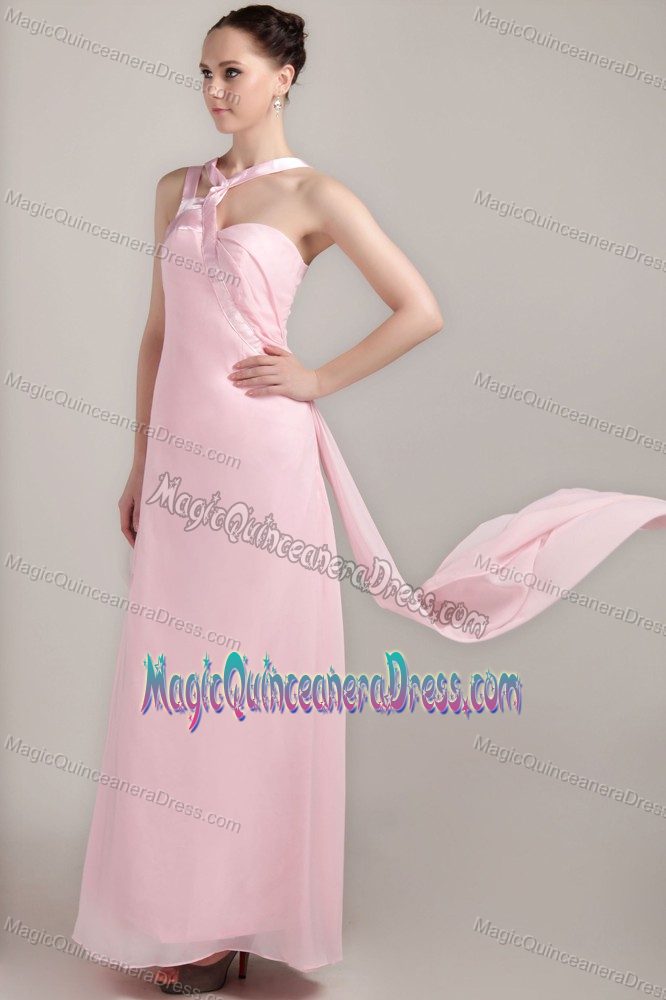 Baby Pink Asymmetrical Chiffon Dama Dress For Quinceanera in Taltal Chile