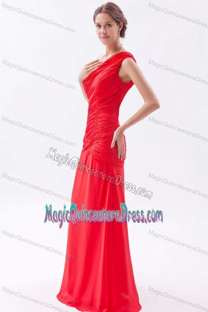 Red Column One Shoulder Dama Dress in Planeta Rica Colombia with Ruches