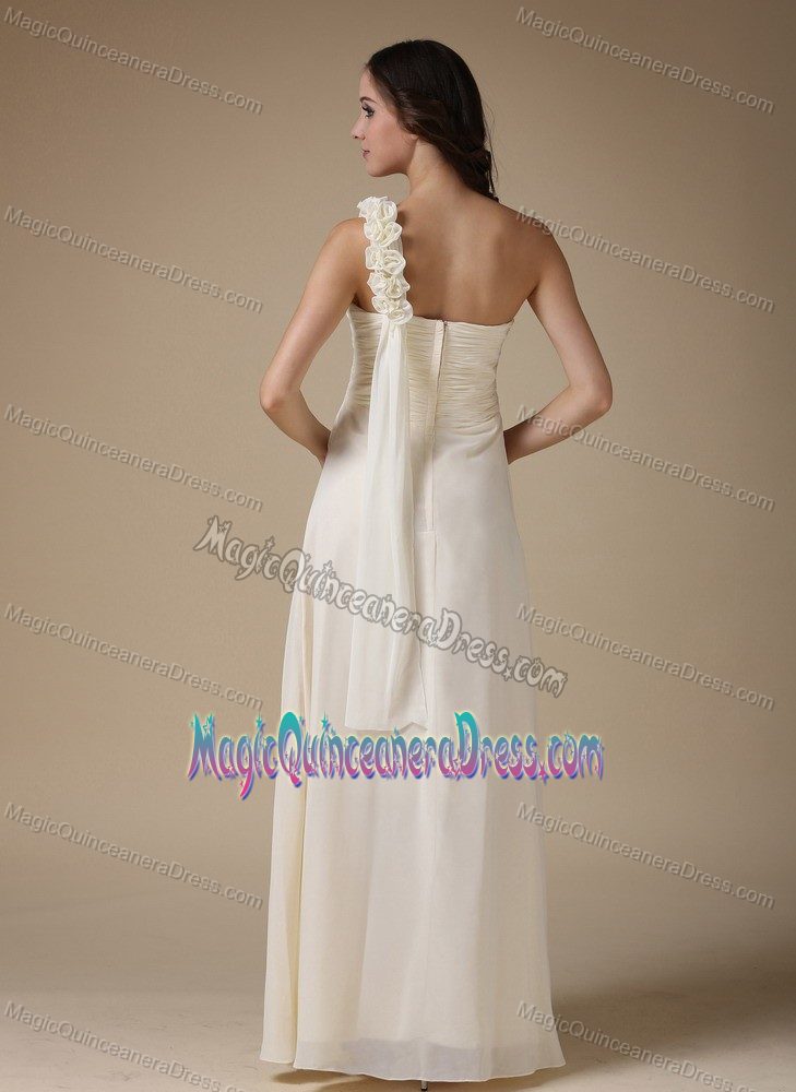 One Shoulder White Empire Dama Dress in Bagua Peru with Hand Made Flower