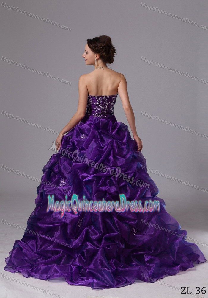 Purple Strapless Sweep Train Quince Dresses with Pick-ups and Embroidery