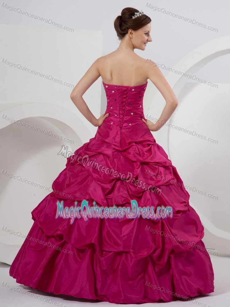 Elegant Fuchsia Beaded Strapless Long Quince Dress with Pick-ups in Troy