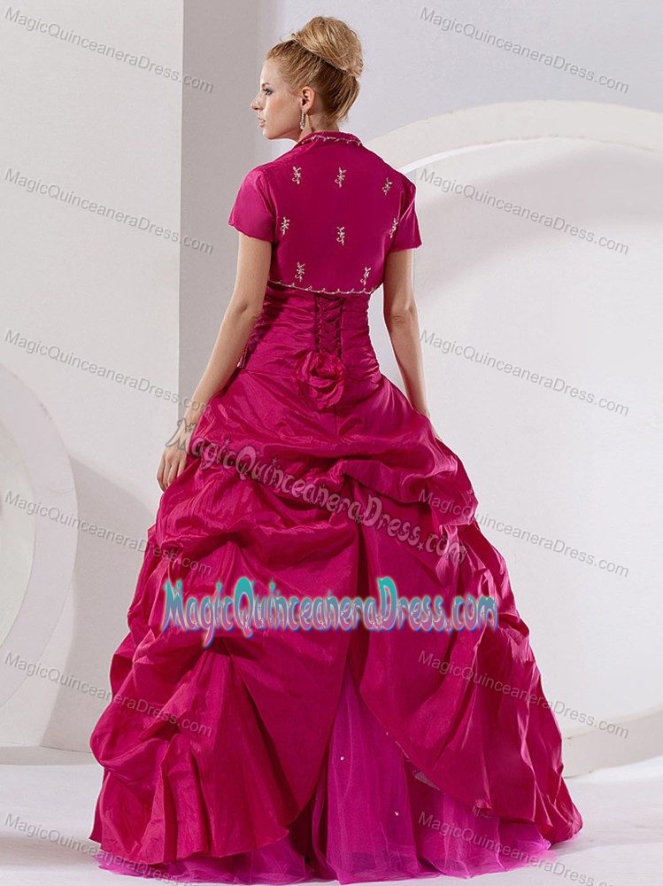 Strapless Hot Pink Floor-length Quinceaneras Dress with Pick-ups in Bronx