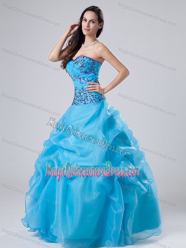 Sweetheart Baby Blue Long Dress for Quince with Embroidery and Pick-ups