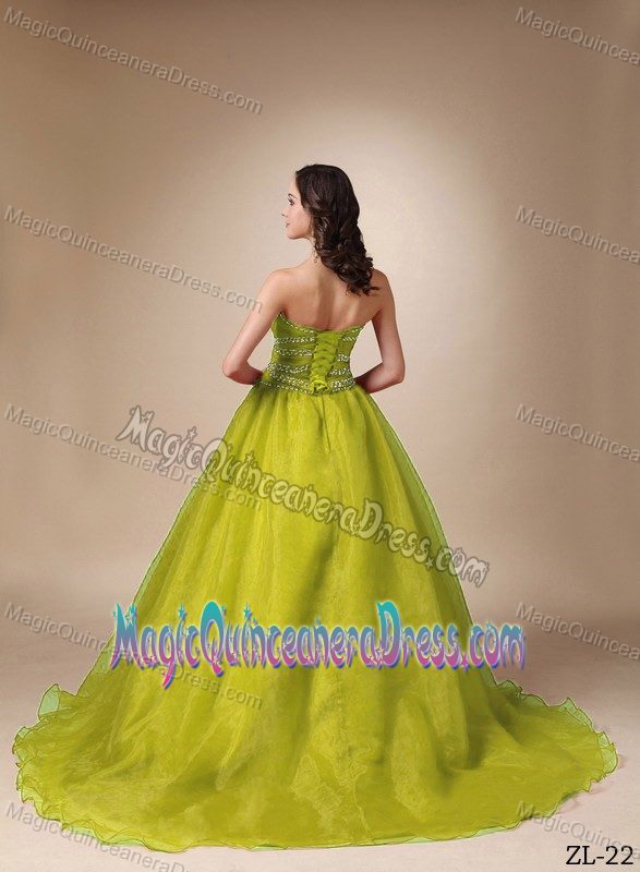 Simple Yellow Green Beaded Sweetheart Chapel Sweet 15 Dresses in Bronx