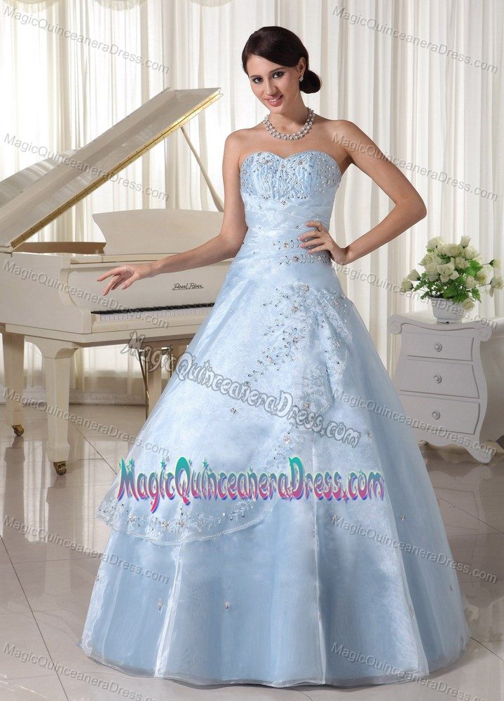 Pretty Light Blue Sweetheart Long Quince Dress with Appliques and Beading