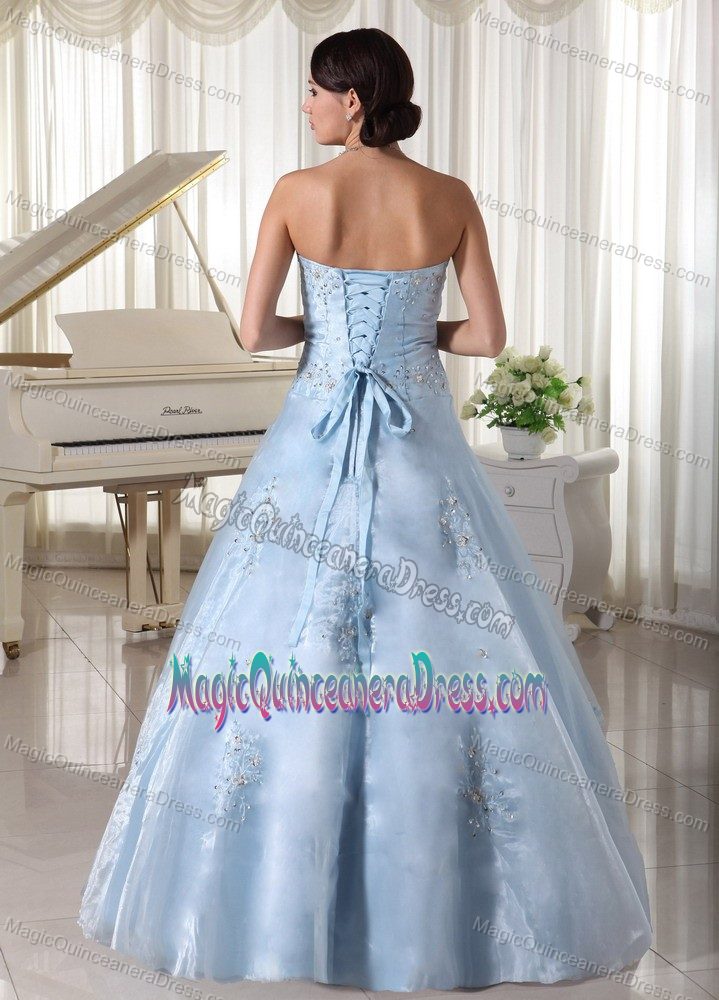 Pretty Light Blue Sweetheart Long Quince Dress with Appliques and Beading