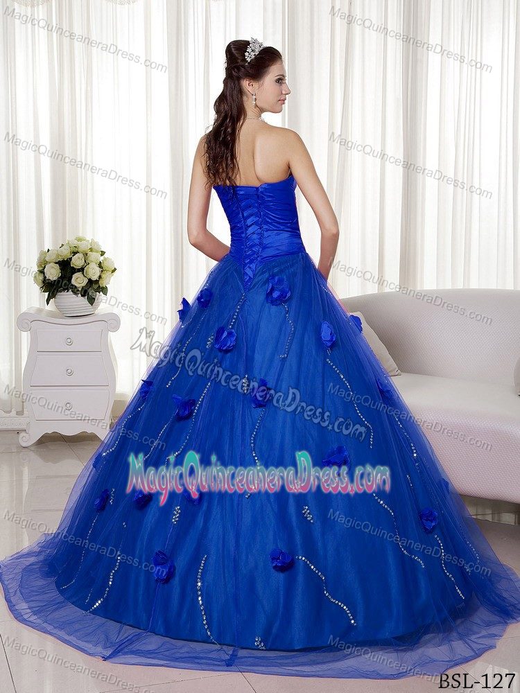 Sweetheart Royal Blue Brush Train Quinces Dresses with Flowers in Trenton