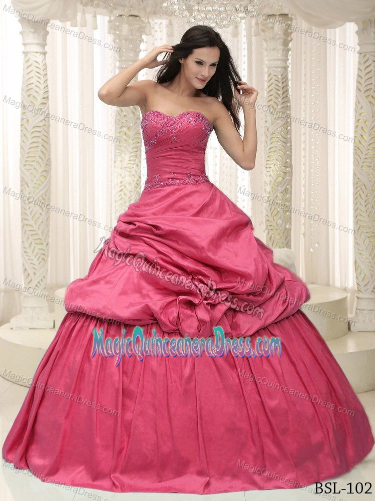 Rose Pink Sweetheart Full-length Quince Dresses with Beading and Pick-ups