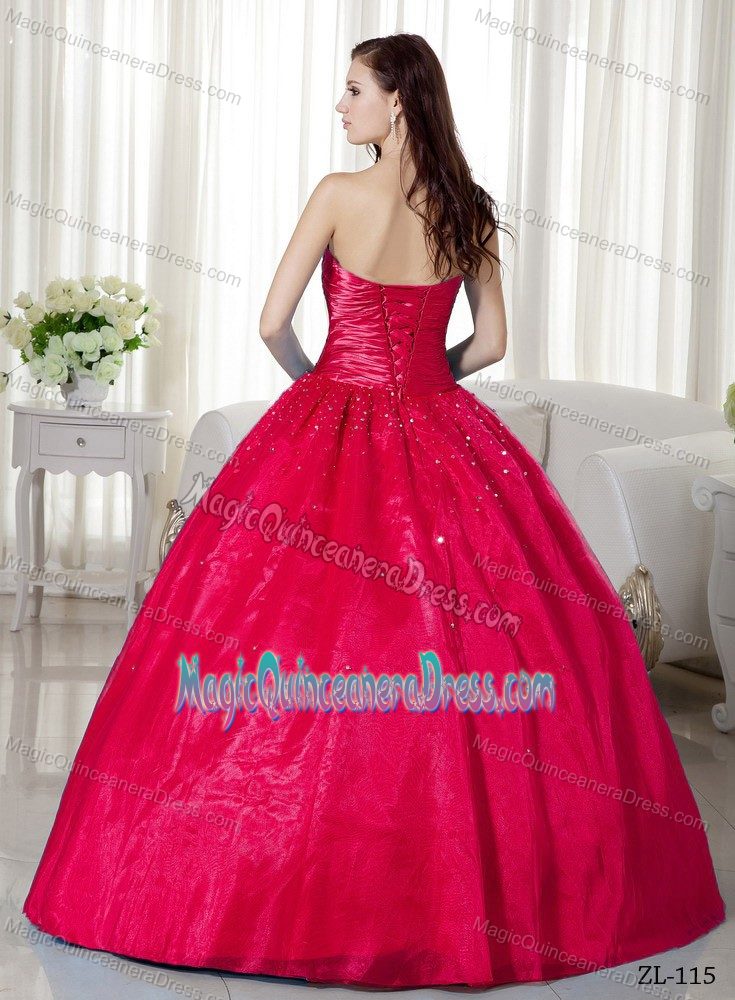 Elegant Coral Red Beaded Strapless Full-length Quinceanera Gown Dresses
