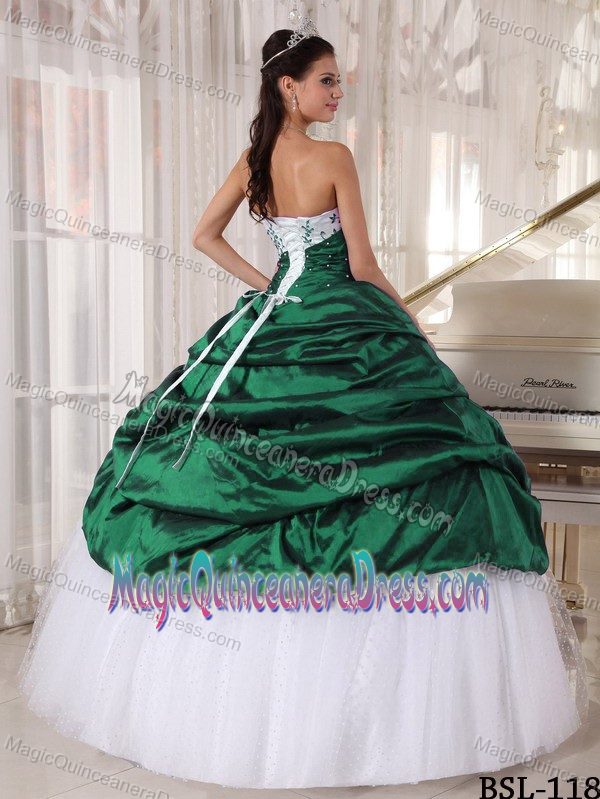 White and Green Strapless Long Quince Dress with Embroidery and Pick-ups