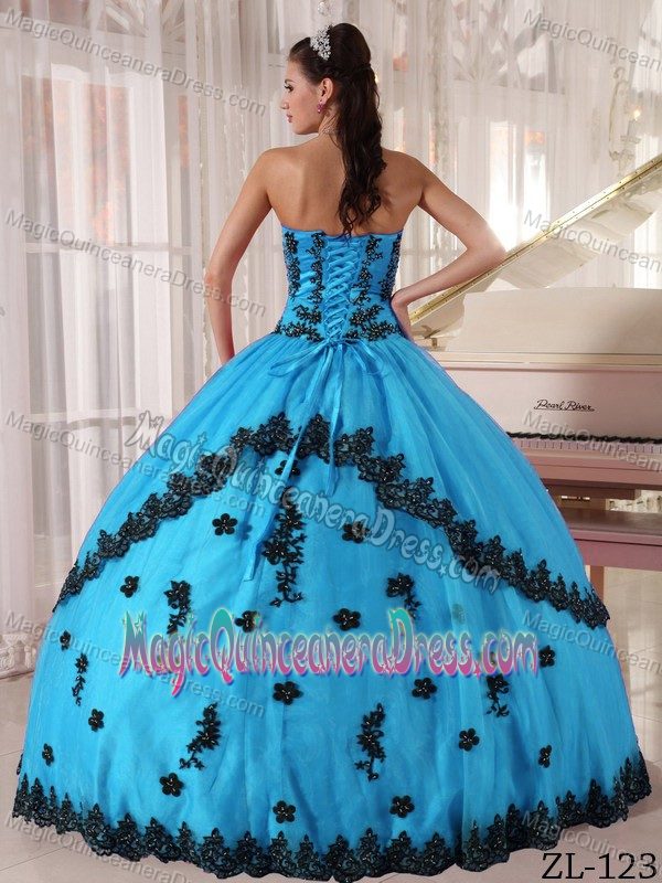 Pretty Strapless Aqua Blue Full-length Quince Dress with Appliques in Taos