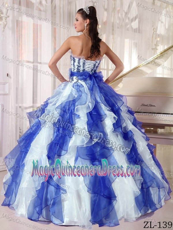 Colorful Appliqued Strapless Long Sweet 16 Dresses with Ruffles and Sash