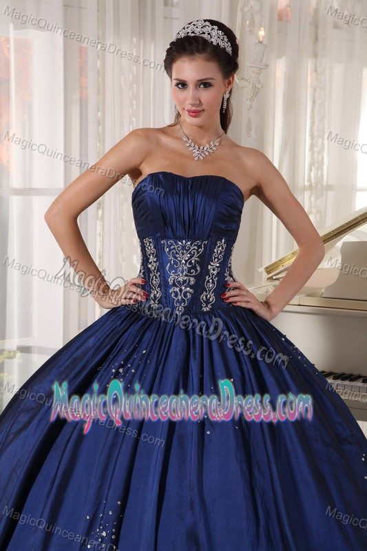 Modest Navy Blue Strapless Full-length Quinceanera Gown with Embroidery