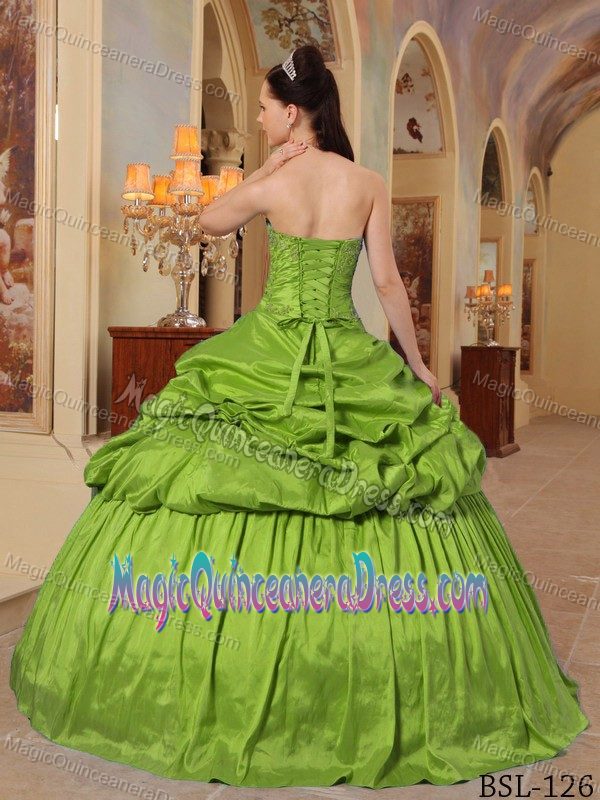 Modest Olive Green Beaded Sweetheart Long Quinces Dress with Pick-ups