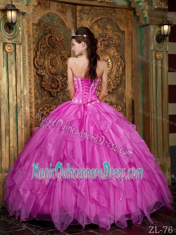 Hot Pink Appliqued Strapless Full-length Quince Dress with Ruffles in Troy