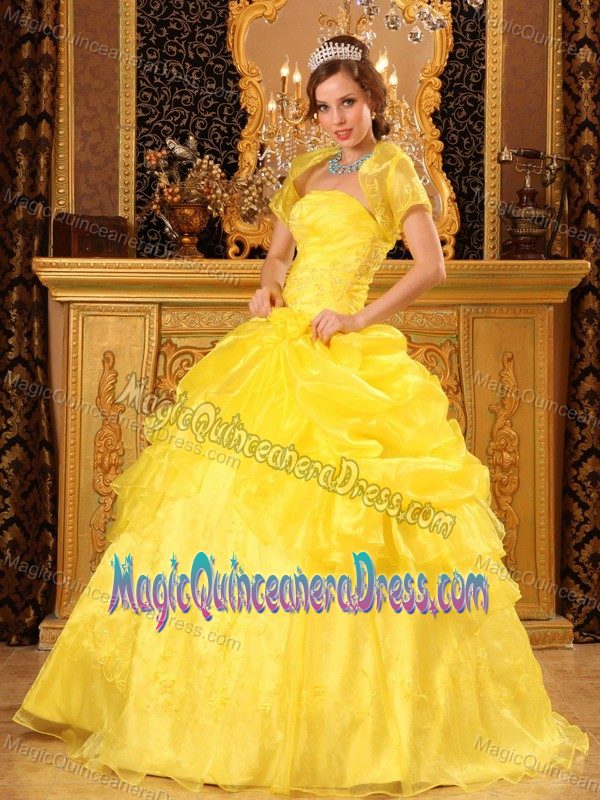 Elegant Yellow Appliqued Strapless Floor-length Quince Dress with Pick-ups